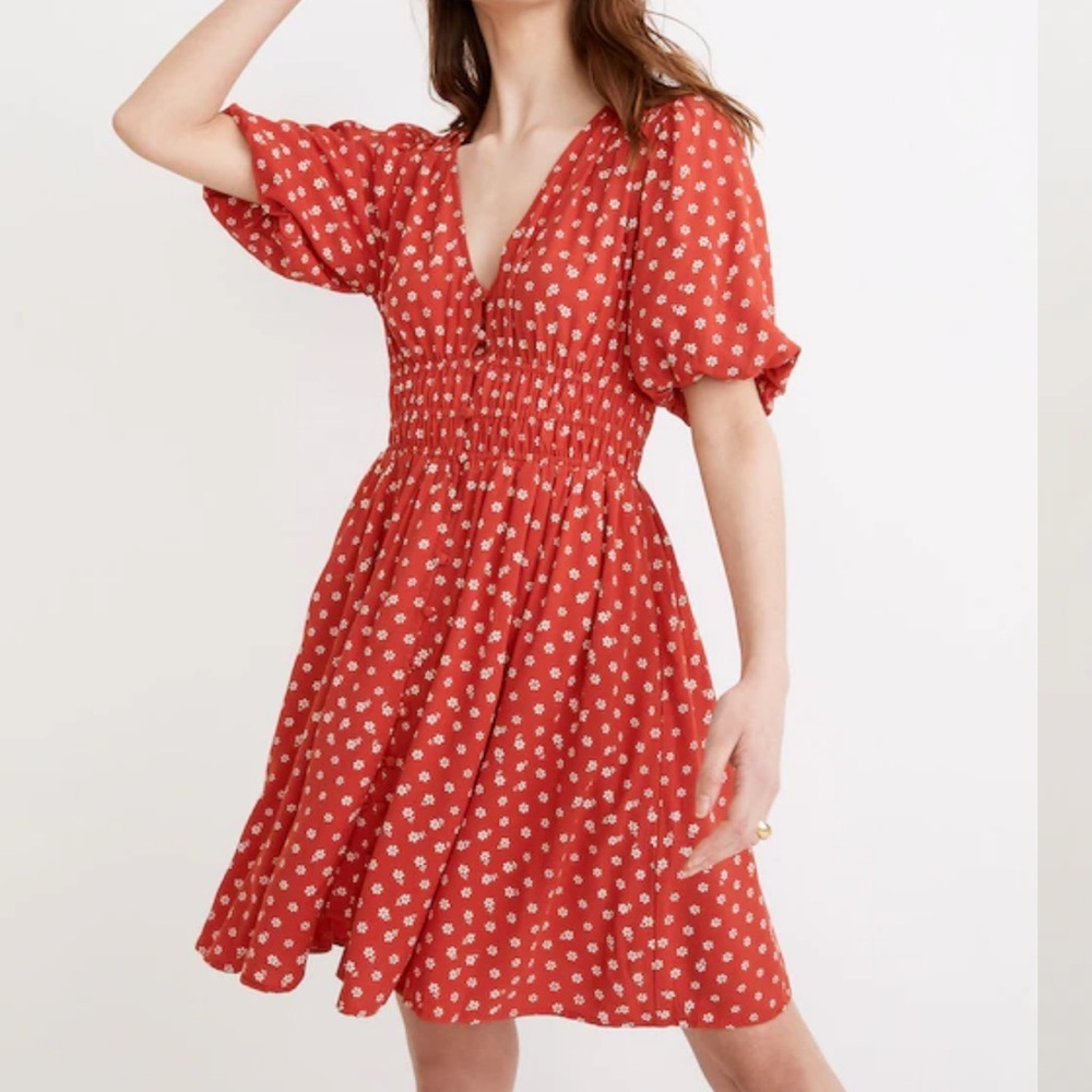 Madewell Sophia Mini Dress in Bandana Flower - Bubble Sleeve Color: Bandana Red